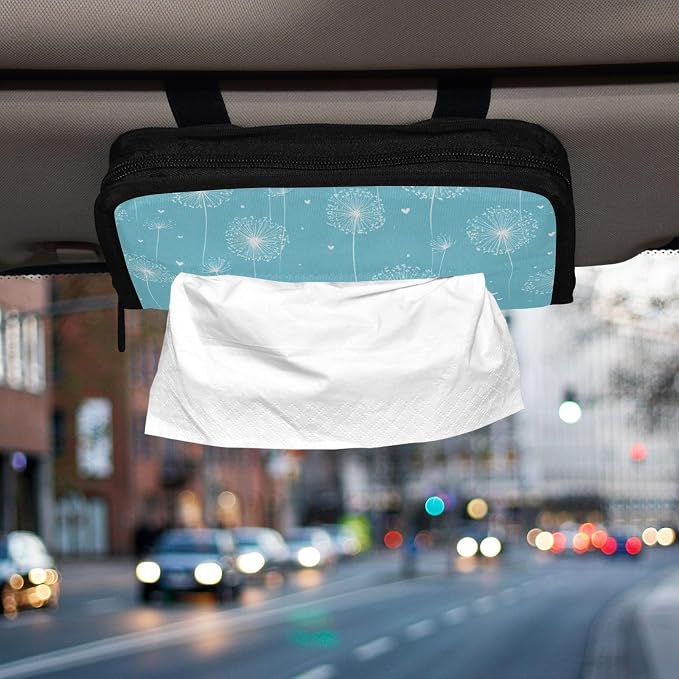 Car Tissue Holder Car Napkin Holder Tissue Box Dispenser Storage Case Sun Visor Mask Holder Accessories with Adjustable Straps Reusable Refillable Bright Blue Dandelion Heart