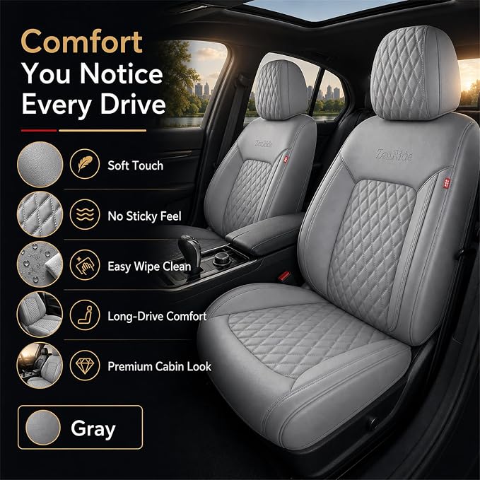 Gray High-Density Nappa Leather Automotive Car Seat Covers Full Set | Univerasal Precision Fit,3D Contoured,Full Coverage,Waterproof,ThickTexture Nappa Leather,for most Suvs Trucks Sedans