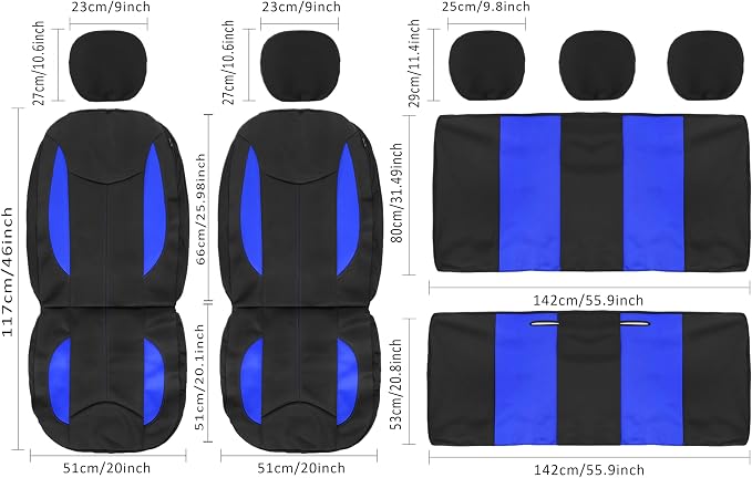 CAROMOP Waterproof Car Seat Cover Full Seats, Neoprene Seat Covers for Cars,Split Bench Compatible Car Interior Covers, Universal Fit Most Car Sedan Truck SUV(Black/Blue)