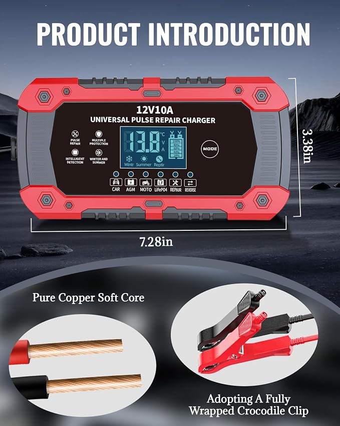 Car Battery Charger 12V 10A - 3-Stage Automatic Trickle Charger Smart Battery Maintainer with LCD Display, Pulse Repair for CAR/AGM/Moto/LiFePO4 Batteries, Compatible with Car Motorcycle ATV