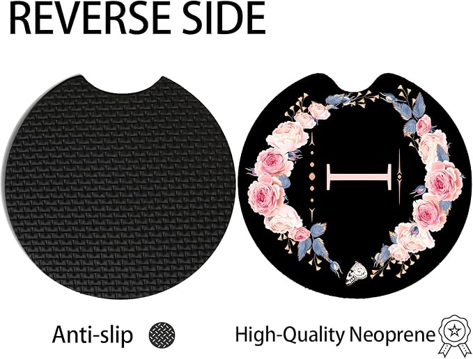 2pcs Letter I Car Coasters,Absorbent Universal neoprener Cup Holder Coasters with a Finger Notch,Car Accessories for Women&Man Interior，2.75"