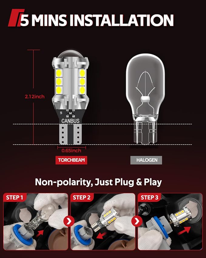 Torchbeam 921 LED Bulb Reverse Light 1000% Brighter with 3030SMD LED Chips, T15 906 904 916 W16W 912 LED Bulb with Projector Replacement for Tail backup reverse Lights, 6000K White, Pack of 2