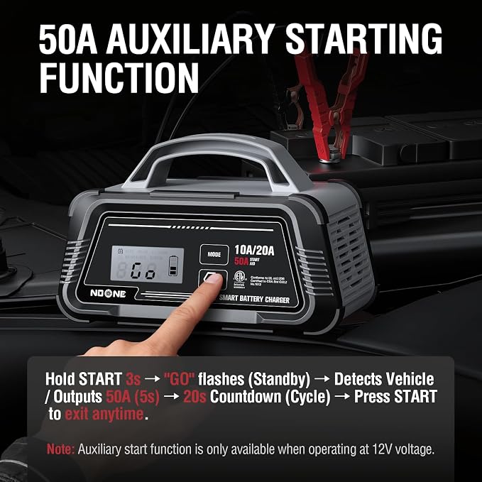 NOONE 10A/20A Smart Battery Charger - 12V/24V Fully Automatic Maintainer | with 50A Engine Start, Winter Mode, and Auto Repair - Car Trickle Charger for AGM, Gel, Deep Cycle & LiFePO4 Batteries