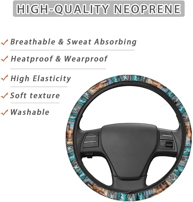 Wanyint Car Steering Wheel Cover Universal 15 Inch Steering Wheel Wrap Anti-Slip Soft Elastic Decorative Auto Accessories All Weather Protection, Aztec Running Horse Teal