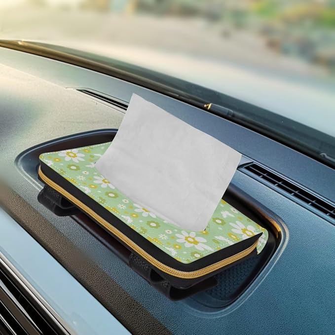 Daisy Print Napkin Holder PU Leather Car Tissue Holder Universal Car Interior Accessories for Trucks SUV Sedans Green