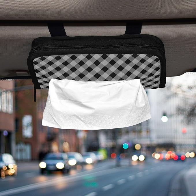 Car Visor Tissue Holder Mask Holder for Car, Car Tissue Box Sun Visor Napkin Holder Car Visor Accessories Adjustable Straps Reusable Durable Easy to Install Black and Grey Gingham