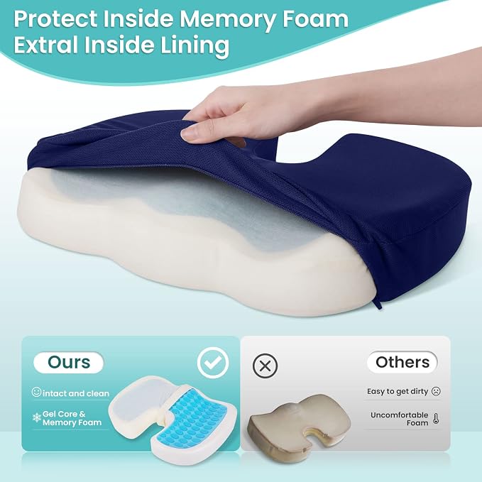 Office Chair Seat Cushion, Cooling Gel Enhanced Memory Foam Cushion for Long Sitting - Back, Sciatica, Coccyx, Tailbone Pain Relief Pillow - for Office, Gaming, Car, Wheelchair - Blue, Large