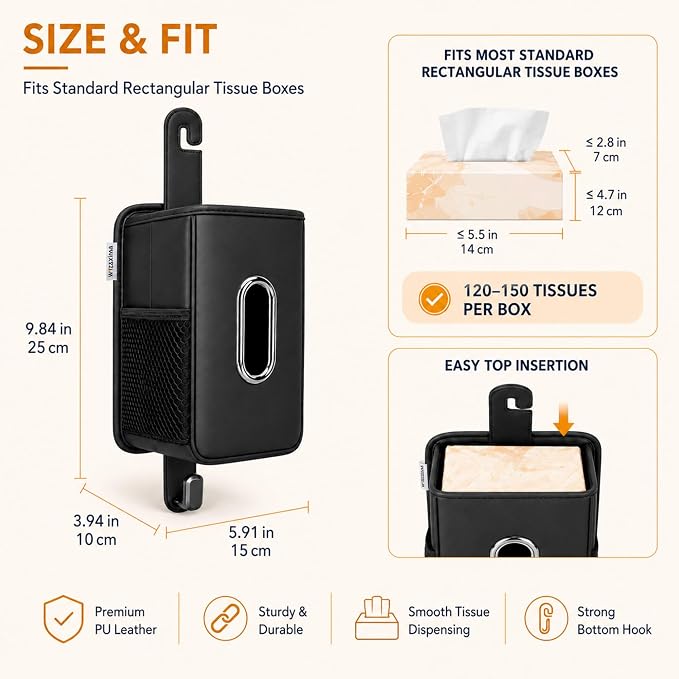 Witaxima 4 in 1 Car Tissue Holder 2 Pack with Headrest Hooks, Small Trash Can & Seat Back Organizer, PU Leather Tissue Box Cover for 120 Tissues, Trash Pockets & Hook Set, Keep Car Tidy，Black