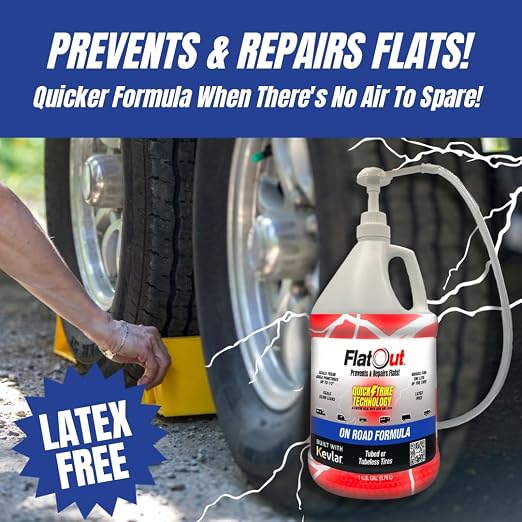 FlatOut QuickStrike On Road Tire Sealant - NEW Formula - Prevents Flat Tires - Seals Leaks - Contains Kevlar - Tubeless Tire Sealant - 1 Gallon + Tool