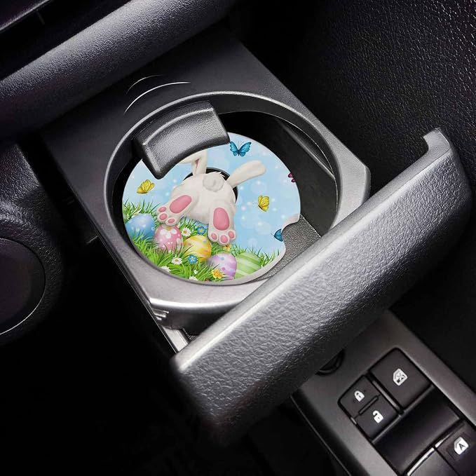 Small Car Coasters for Cup Holders 2.6" Dia Absorbent Coasters Set of 2 Car Interior Accessories for Women Men Watercolor Easter Bunny Butt in Grass Ceramic Car Coaster for Drinks with Finger Grooves