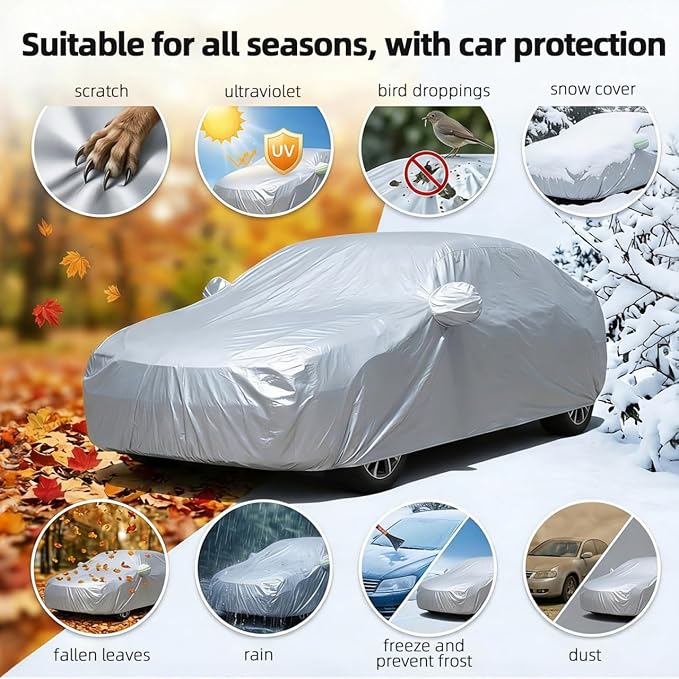 Operitacx Universal Car Cover for Sedan and SUV - All Weather Waterproof, Windproof & UV Protection - Premium Silver Coated Breathable Outdoor Full Exterior Cover