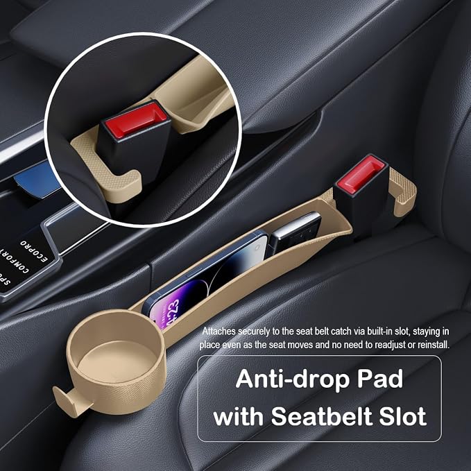 Car Seat Gap Plug with Storage Slot, Auto Gap Filler Organizer with Cup Holder, Universal Carseat Side Gap Filler Strip 2 Pack Between Front Seats & Console, Anti-Drop Pad with Seatbelt Holes, Beige