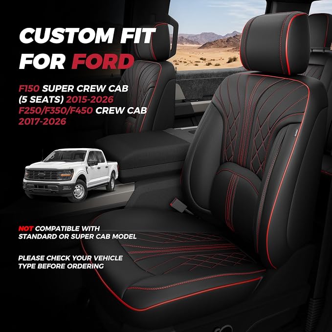 FREESOO Leather Seat Covers for Ford F150 SuperCrew/Crew Cab 2015-2026 | Fits F250/F350/F450 Super Duty 2017-2026, Custom Fit, Waterproof, Bucket Seat, Airbag Compatible, Lumbar Support, Easy-clean