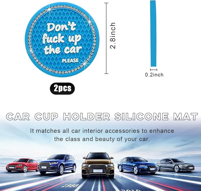 Ohleats Bling Car Cup Coaster, 2.75 Inch Non-Slip Don't Fuck Up My Car Please Cup Holder Insert Coaster, Crystal Rhinestone Auto Drink Cup Mat, Universal Car Accessories (Light Blue-4PCS)