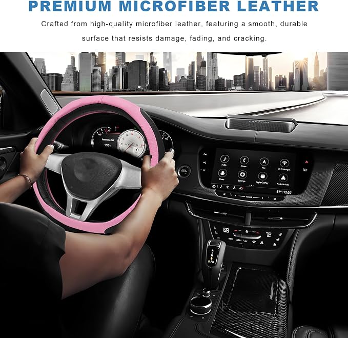 Sun Walker Steering Wheel Cover, Breathable Leather Steering Wheel Covers with Perforated Sides, Anti-Slip Comfortable Grip Auto Sleeve for 14.5-15 Inch Wheels, Car Accessories (Pink)