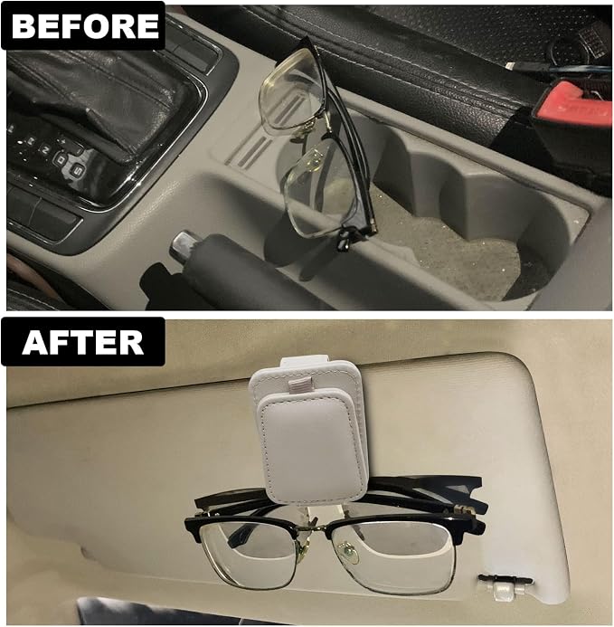 2 Pack Magnetic Leather Car Sunglass Holder, Beige | Leather Glasses Eyeglass Hanger Clip for Car, Sunglass Clip Glasses Holder for Car Visor