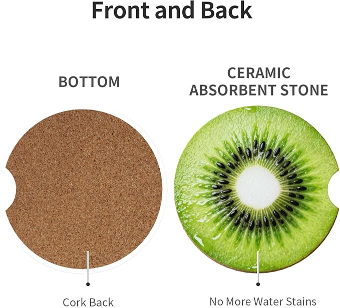Kiwi Fruit 2 Pack Car Cup Holder Coasters Absorbent Ceramic Drink Coasters 2.56" Universal Anti Slip Cup Mat with Non-Scratch Cork Base and Finger Notch Auto Accessories Interior for Women Men