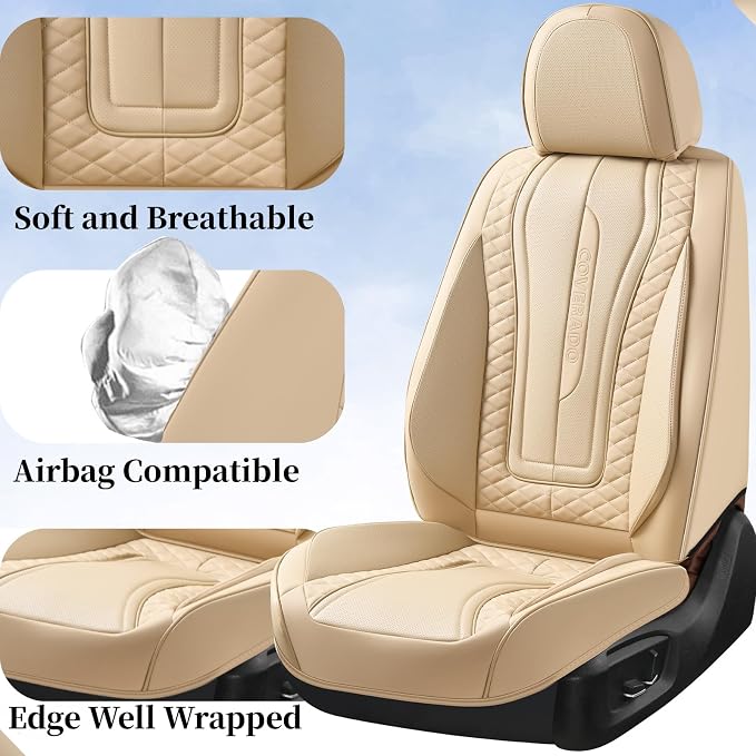 Coverado Car Seat Covers Full Set, Front Seat Cover and Back Seat Covers for Cars, Faux Leather Waterproof Seat Covers, Car Seat Protectors, Automotive Seat Covers Universal for Most Vehicles Beige