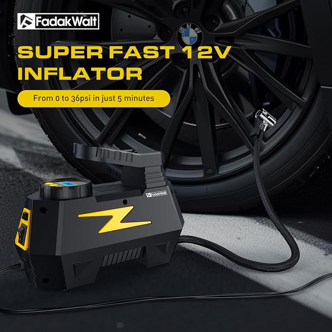 FADAKWALT Tire Inflator Portable Air Compressor, 12V DC Car Air Pump with Auto Shutoff, 150 PSI Digital Gauge, LED Light, Metal Valve Connector, Accessories for Cars, Yellow