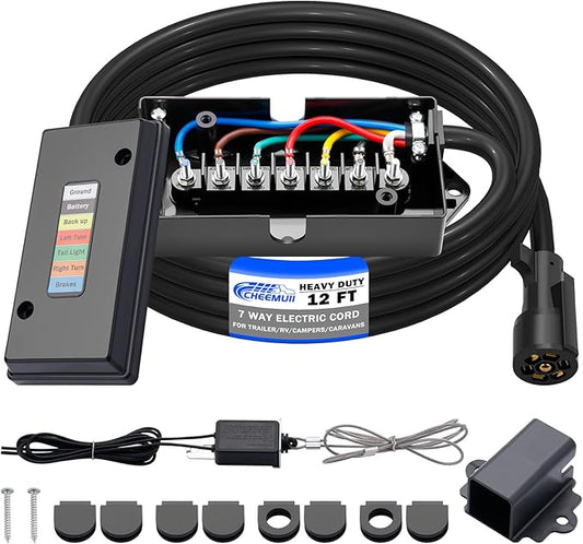 CheeMuii 12 FT 7 Way Trailer Wiring Harness Kit with 12V Breakaway Switch Heavy Duty 7 Way Trailer Cord with 7 Pin Trailer Plug and 7 Gang Trailer Junction Box
