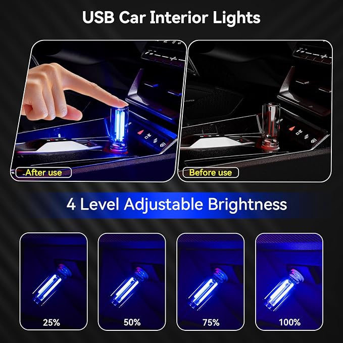 4 PCS USB Night Light Bulb, Touch Dimmable Retro Car Interior Ambient Light | Portable Glass Bottle Design Chubby Glow Light for Car, Truck, 2 Red and 2 Blue Ambient Lighting