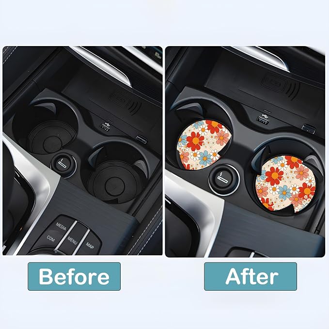 Car Cup Holder Coasters, 2 Pack – 2.75" Universal Auto Anti-Slip Insert Coaster, Rubber Car Coasters, Personalized Car Accessories for Women (Retro Daisy)