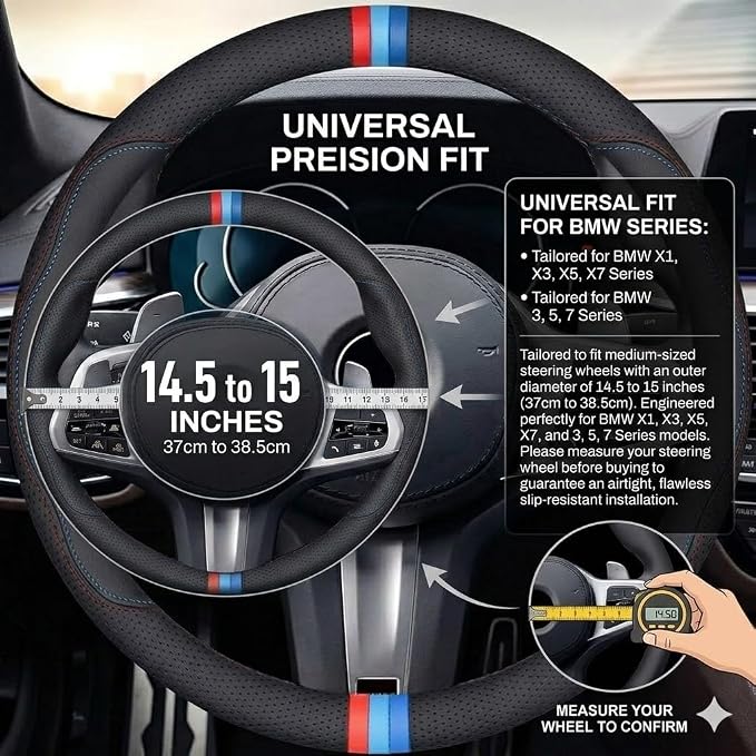 Car Steering Wheel Cover for BMW X3 X5 3 5 Series, Microfiber Leather | Universal fit for BMW 14.5-15 inch wheels (2003-2026). Trendy S-shaped pattern design in durable black leather.