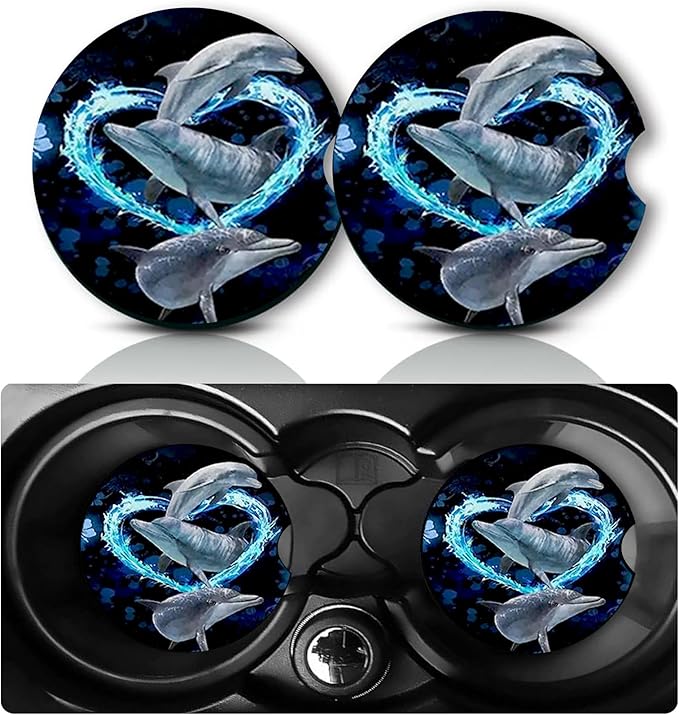 2Pcs Dolphins Car Coasters,2.75" Neoprene Rubber Cars Cup Holder Coasters | Universal Non‑Slip Mat, Drink Coaster Decor Auto Accessories Dolphin Loves Gifts for Women,Men,Mom