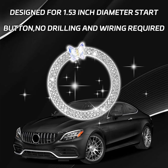 Bling Car Push Start Button Accessories for Women, Sparkling Butterfly Rhinestone Car Engine Push to Start Button Cover Decoration Ring Emblem, Car Interior Decoration Accessories (White)