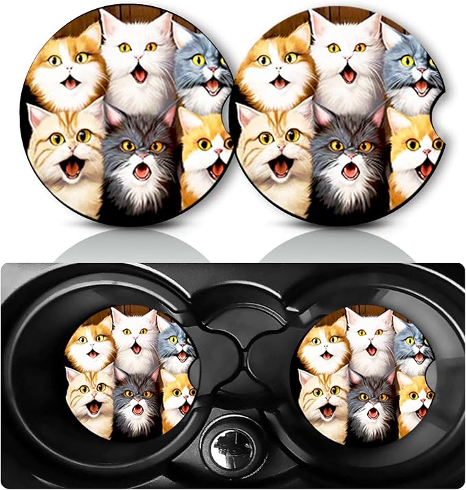 2 Pack Cat Car Cup Holder Coasters Neoprene Anti Slip Rubber Mat | Cats Car Accessories Interior Decor 2.75" Universal Size Insert Auto Coasters Cat Gifts for Women Men Pet Love