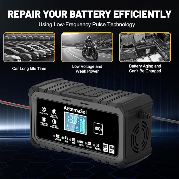 15A Smart Car Battery Charger, 12V/24V Automotive Battery Maintainer & Desulfator Compatible with 12.6V Lithium, LiFePO4, AGM, Gel, Lead-Acid, Trickle Charger for Truck, Motorcycle, RV (Black)