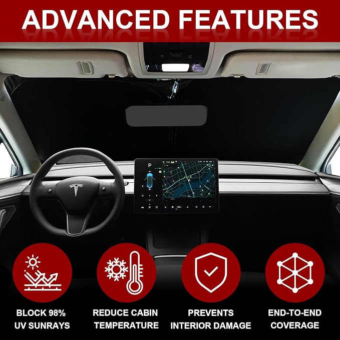 Car Windshield Sunshade for Tesla Model Y/3 - Folding Front Window Sun Shade Cover with Upgraded UV Protection Fabric, Professional Accessories for Tesla Model 3/Y 2016 to 2026 with a Storage Bag