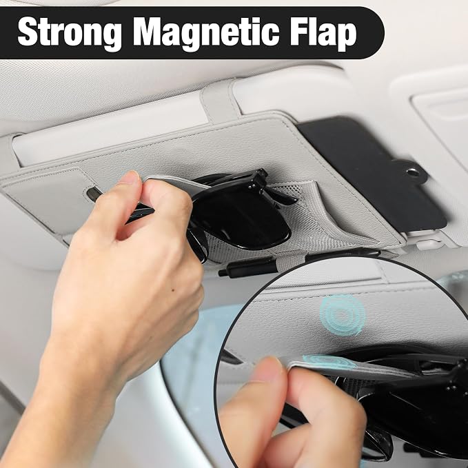 SEG Direct Car Sun Visor Extender Organizer Magnetic Sunglass Holder Gray | Sun Blocker, Sunglass Hanger Clip, Ticket Card Organization Pouches, for Car Truck SUV