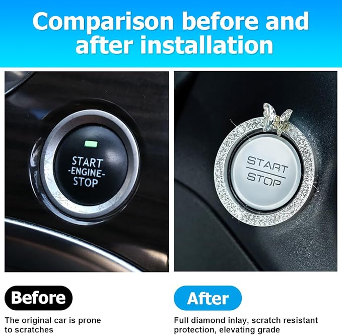 2PCS Bling Car Engine Start Stop Decoration Ring, Crystal Rhinestone Auto Push Start Button Ignition Ring Sticker, Vehicle Decor Accessories for Women Girls, Universal for Vehicles (White)