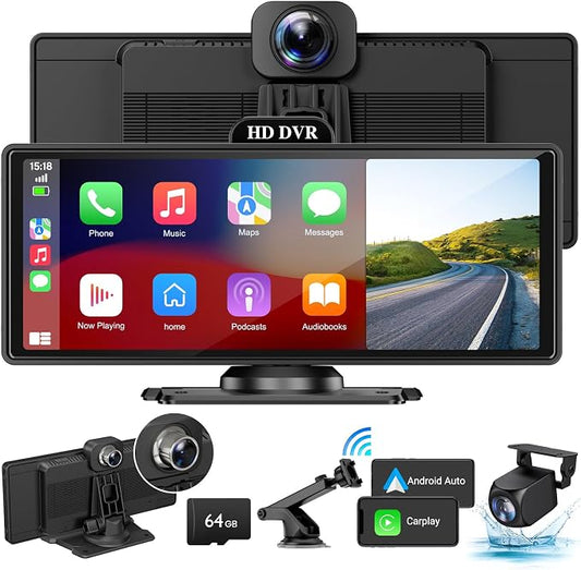 10.26" Wireless Apple Carplay Screen for Car with 4K Dash Cam | Apple Carplay & Android Auto, Touchscren with 1080p Backup Camera, Mirror Link/Voice Control/Music Play/GPS Navigation