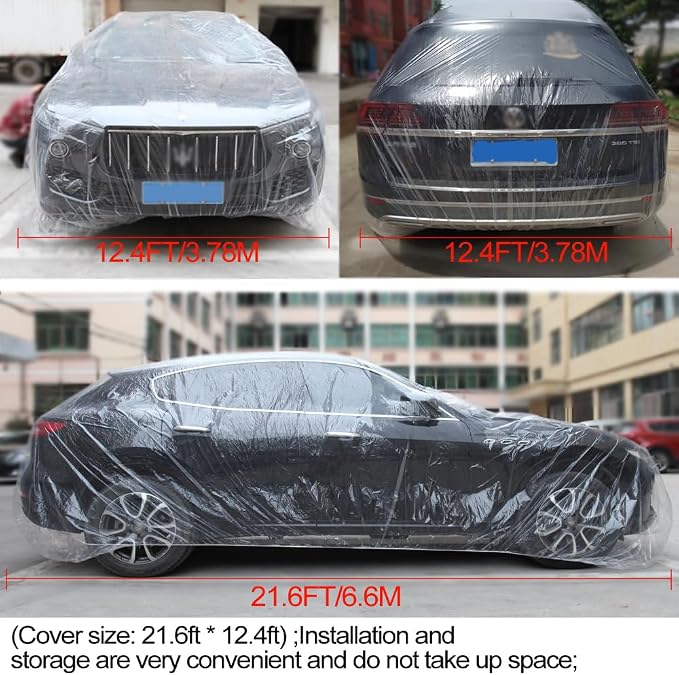 Blue 4 Packs Disposable Car Cover Clear Plastic Car Cover Universal Rain Dust Garage Cover with Elastic Band Medium (12.4 FT x 21.6 FT)