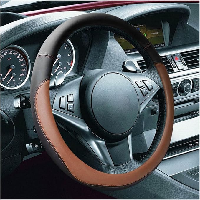 LAINLOY 15" Car Steering Wheel Cover, Microfiber Leather Cover, Coffee | Anti-Slip Breathable Steering Wheel Decoration, Universal Steering Wheel Accessories for Diverse Cars