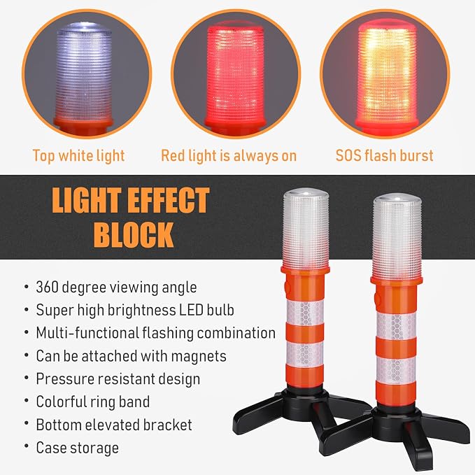 Leumoi 8 Pack Road Flares Emergency Kit LED Roadside Warning Lights Bright Red Highway Flares Lights for Vehicles Road Safety Strobe with Magnetic Bases Detachable Stands Storage for Car Truck