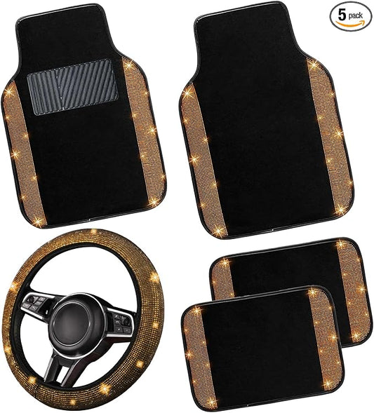 NBTEPEM Bling Car Floor Mats Full Set and Steering Wheel Cover, Universal Fit Most Cars, 4 pcs Sparkle Glitter Diamond Carpet, 5 pcs Bling Car Accessories Set for Women (Orange Diamond)