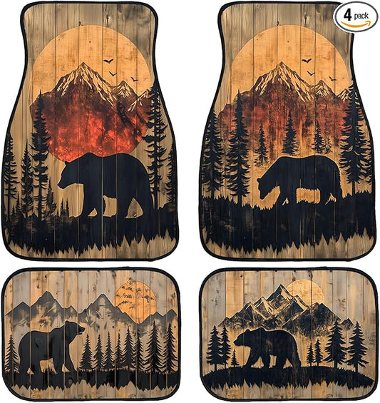 Bear Car Floor Mats Set of 4 Mountain Sunset Forest Silhouette Rustic Automotive Foot Mats Rugs Carpet for Car Non-Slip Auto Car Accessories Universal Fit Car Accessories for Truck