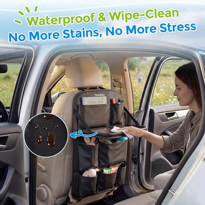Tsumbay Car Backseat Organizer with Tablet Holder,9 Storage Pockets Foldable Table Tray Seat Back Protectors Kick Mats -PU Leather 1Pck