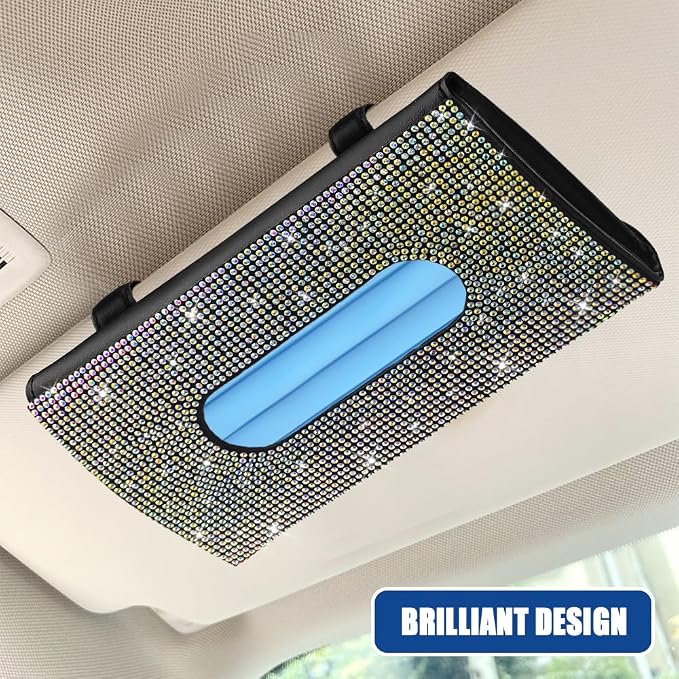 Bling Car Sun Visor Tissue Box Holder, Visor Accessories, Rhinestone PU Leather Crystal Sparkling Napkin Holder, Auto Sun Visor Paper Towel Cover Case Accessories for Most Cars (Colorful)