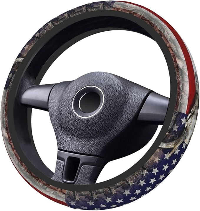 Camouflage Deer American Flag Steering Wheel Cover for Men | Anti-Slip Elastic Breathable Soft Rubber Car Steering Wheel Protective Cover, Universal 15 Inch Fit for Cars, Auto, SUVs