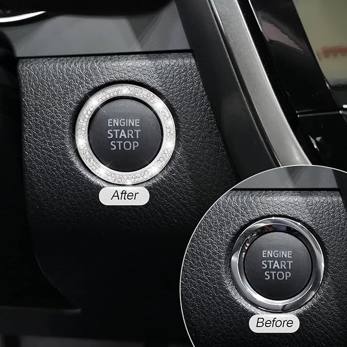 Car Bling Crystal Rhinestone Engine Start Ring Decals, 2 Pack Car Push Start Button Cover/Sticker, Key Ignition Knob Bling Ring, Sparkling Car Interior Accessories for Women (White)