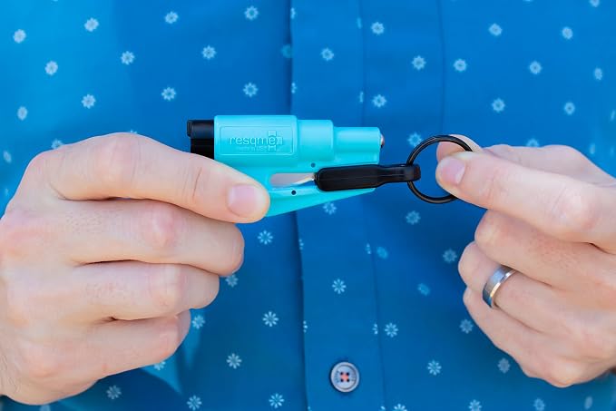 resqme The Original Emergency Keychain Car Escape Tool, 2-in-1 Seatbelt Cutter and Window Breaker, Made in USA, Family Pack of 3, Pink, White, Teal - Compact Emergency Hammer