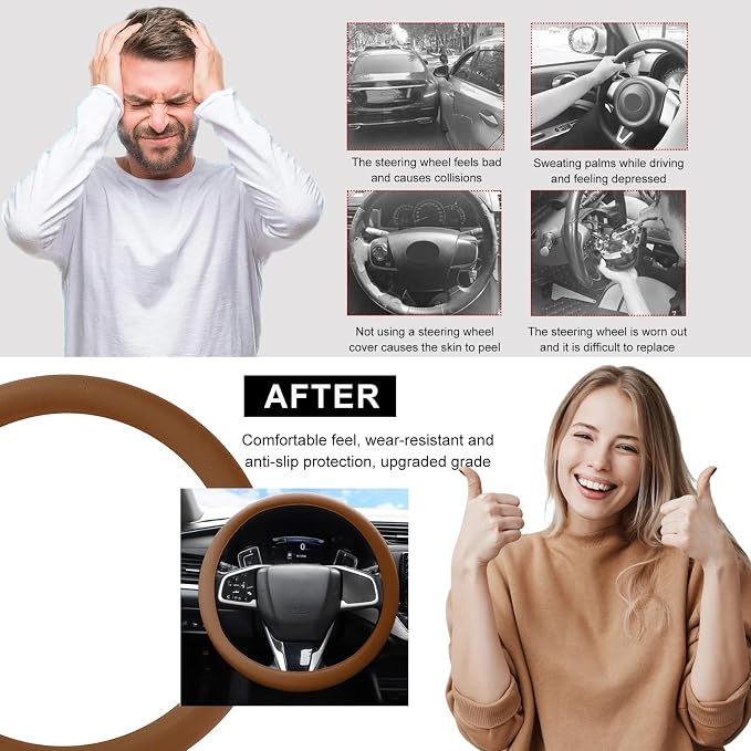 DXNQ Car Steering Wheel Cover, 13 to 14.17 inches Anti-Slip Silicone Steering Wheel Protector, Soft Flexible Shock-Absorbent Steering Wheel Protective Cover for Most Car Models (Brown)