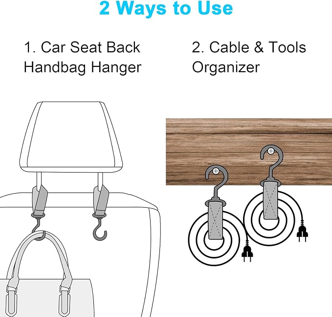 Wisdompro 2 Pack Car Seat Headrest Hook, Multi-Purpose Hanger for Stroller | Adjustable & 360° Rotating, Large to Hang Grocery Bag, Garment Bag, Handbag, Purse, Coat, Clothes, Traveling, Sports, Black
