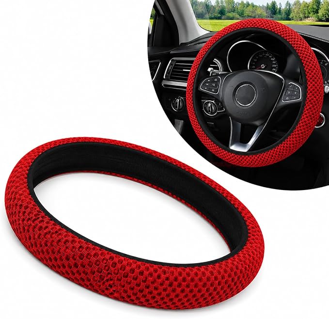 Breathable Elastic Steering Wheel Cover,15 Inch Stretch Steering Wheel Protector,Microfiber Ice Silk Anti-Slip Car Wheel Cover,Odorless Comfort Grip Interior Accessory for Cars SUV Truck（Red）