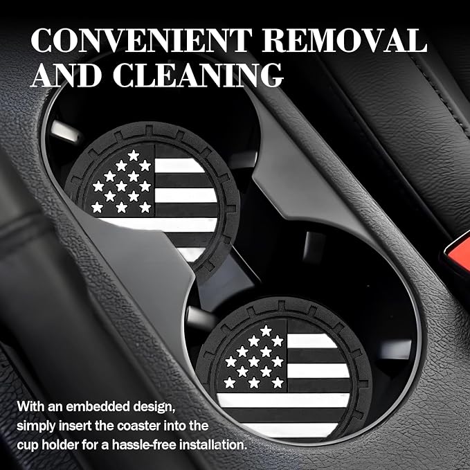 Automotive Universal Car Cup Holder Coasters 4 Pack, Non-Slip Silicone Cup Holder Insert 2.72~2.75 Inch, Anti-Skid Shockproof Drink Mat with Flag Design, Vehicle Interior Accessories Black