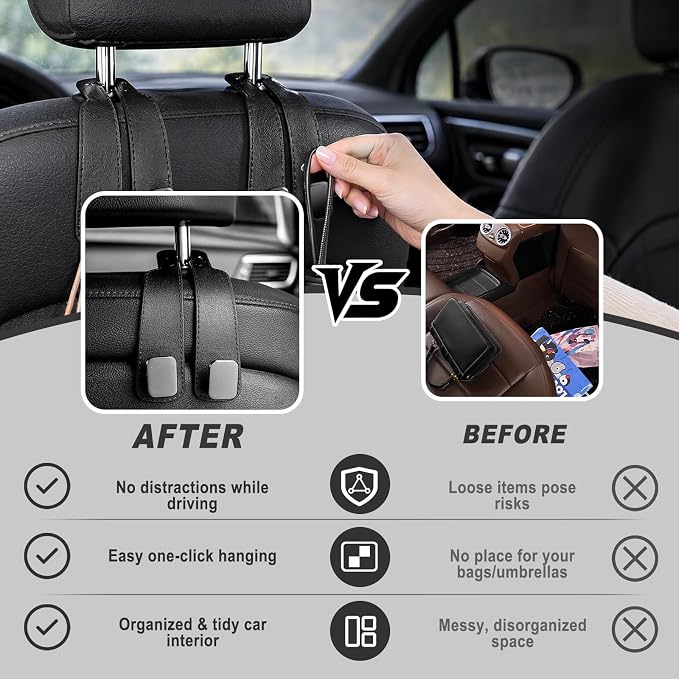 Headrest Hooks for Car 2 Pack, Upgraded Double Metal Hooks with Leather Cover, Car Seat Back Storage Organizer with Anti-Drop Design, for Purses, Handbags, Coats, Groceries (style1)